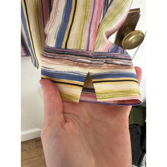 Ann Klein Women's 8 100% Silk Retro Print Multi Stripe Button Up Blouse Top - Picture 9 of 11